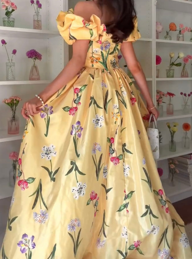 Yellow Printings Puff Sleeves Dress