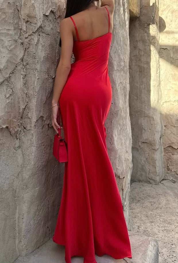 Fashionable Elegant Slim-Fit Flower Ribbon Satin Sling Dress