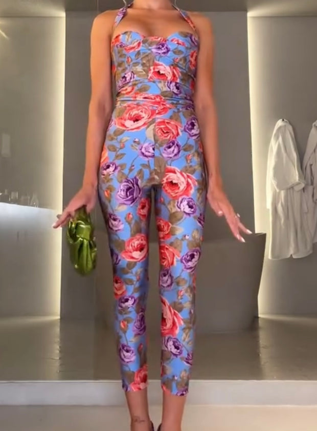 Sexy Tight Halterneck Printed Jumpsuit