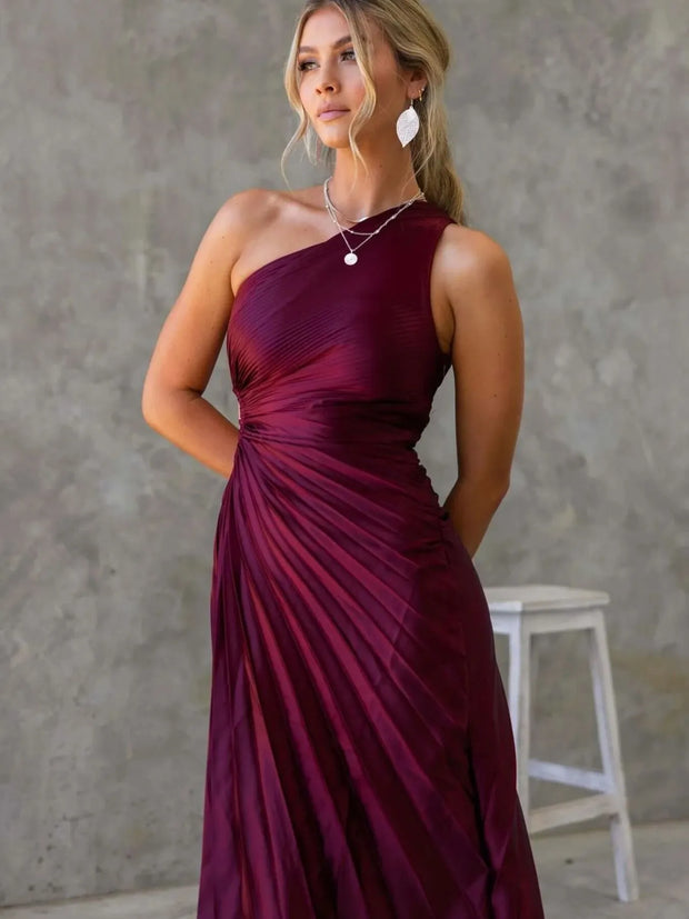 Full Size Single Shoulder Pleated Midi Dress Plus Size