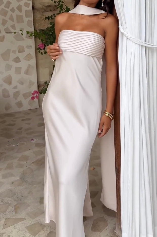 Elegant Slightly Mature Satin Lace-up Tube Top Dress