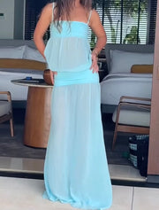 Sling Tube Top Sexy Long Dress Stitching See-through Waist Solid Color Dress
