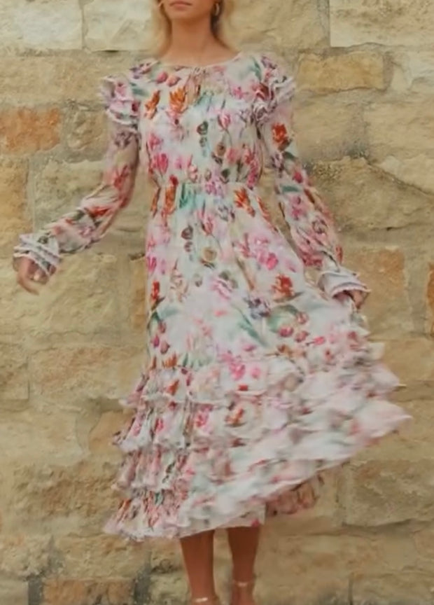 Square Collar Flared Long Sleeve High Waist Print Dress