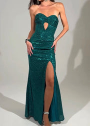Sexy Tube Top Hollow-out Sequin Slit Dress