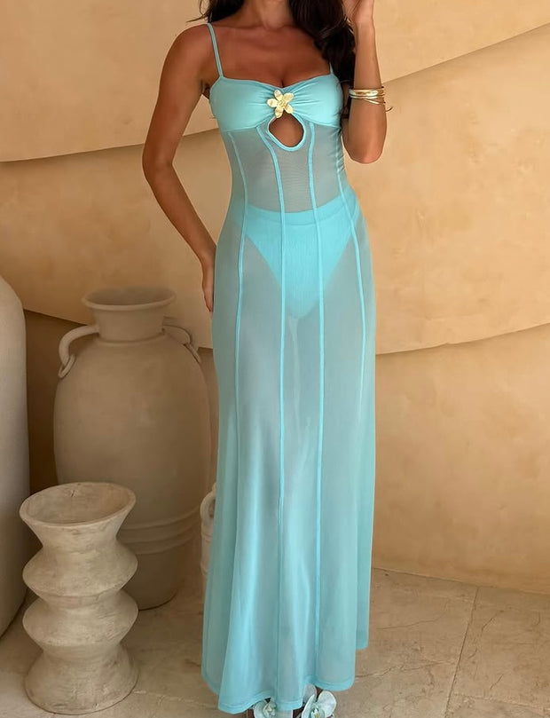 Fashion Metal Flower Decoration See-through Sling Dress