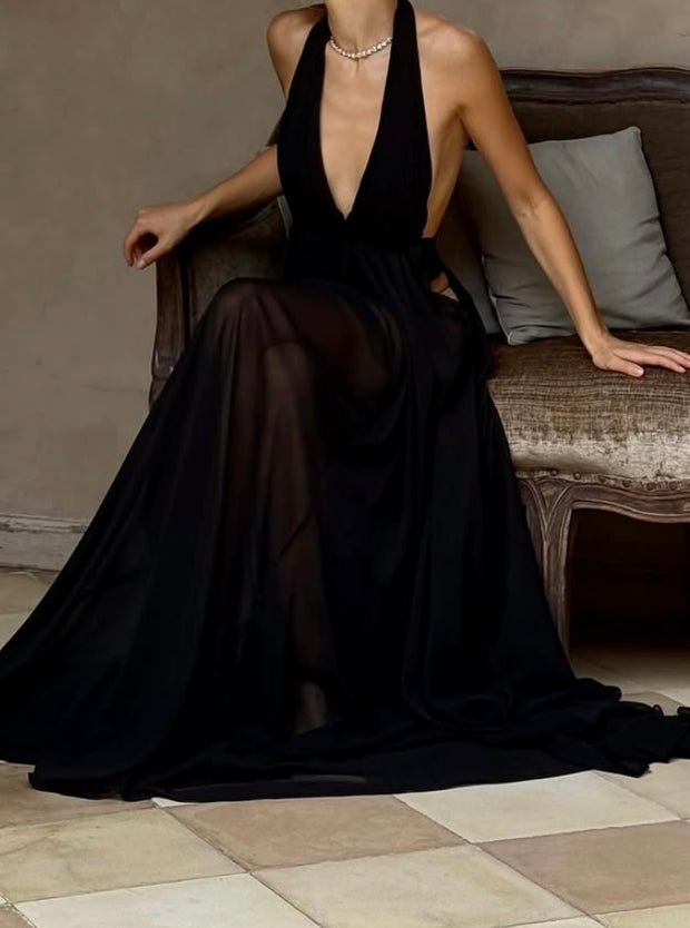 Deep V-neck Pleated Halter Backless Dress