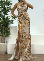 Elegant Shoulder Pleated Print Dress