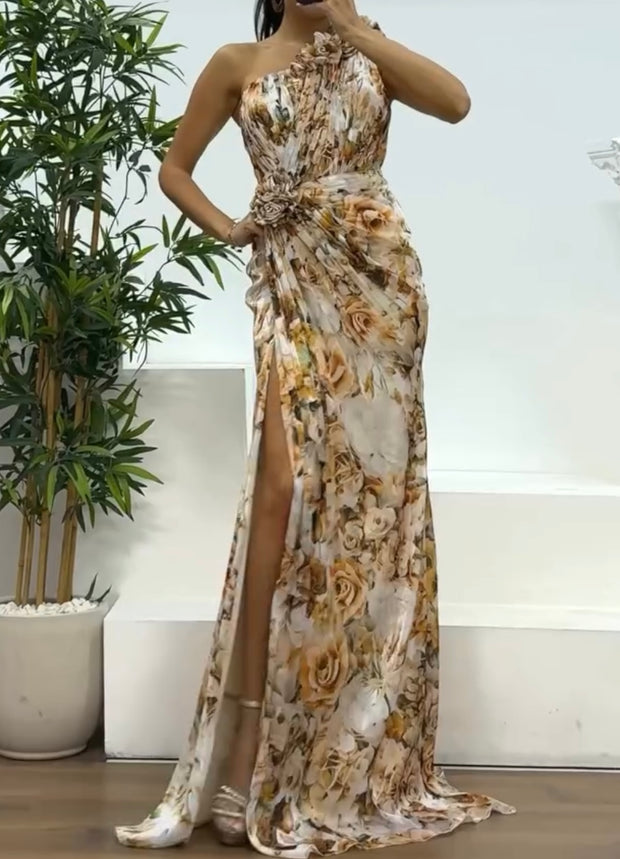 Elegant Shoulder Pleated Print Dress