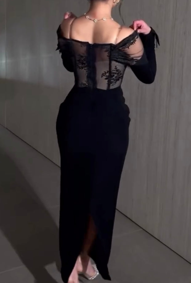 Sexy off-Neck Lace Chest Wrap Stitching Hip Long Dress