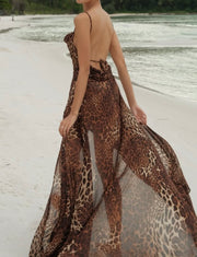 Fashion Leopard Print Backless Slit Sexy Sling Dress