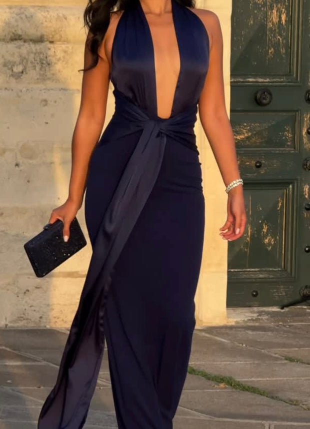 Elegant Vacation Style Printed Backless Halter Sheath Jumpsuit Skirt
