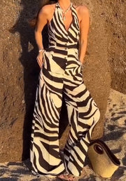 Leopard Print Halter Sleeveless Vest Wide Leg Trousers Suit