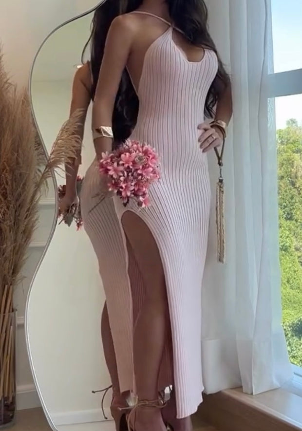 Sexy Halter Knitted Backless Sheath Dress