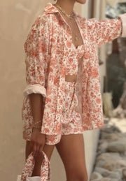 Women's Short-Sleeved Shirt and Elastic Waist A- line Shorts Casual Vacation Floral Printing Suit Summer Clothing
