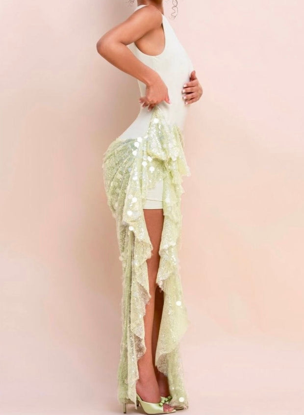 Temperament Crew Neck Knitted Waist Stitching Mesh Sequins Slit Dress