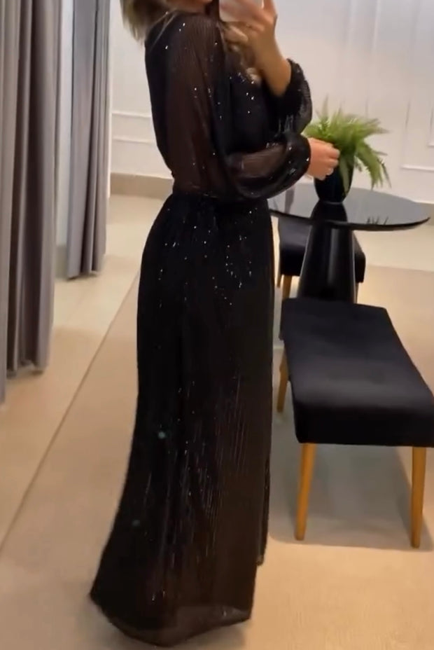 Sexy Leg Exposed Long Sleeve Mid-Length Dress Gold Velvet Nightclub Dress
