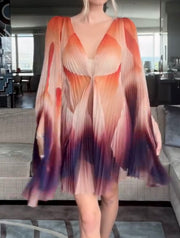 Graceful and Fashionable Gradient Long Sleeve Mesh Pleated Dress