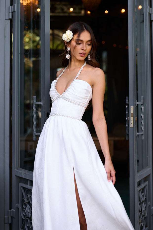 The Heidi Dress in White Windsor Brocade