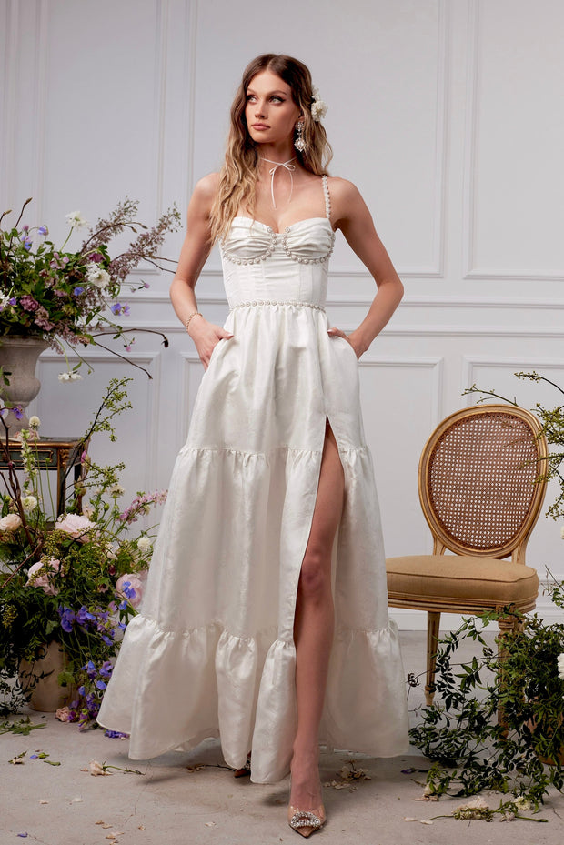 The Lucetta Dress in White Windsor Brocade