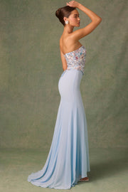 Embellished Corset Fishtail Gown in Floral Blue