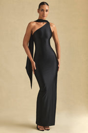 Asymmetric Scarf-Detail Maxi Dress in Black