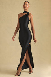 Asymmetric Scarf-Detail Maxi Dress in Black