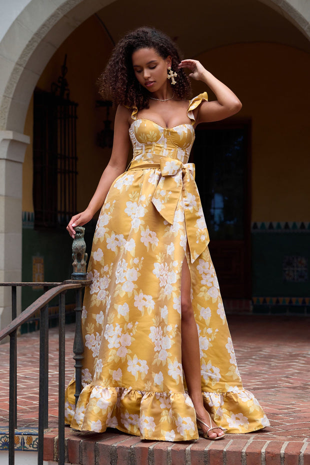 The Veronica Dress in Gold Baroque Floral