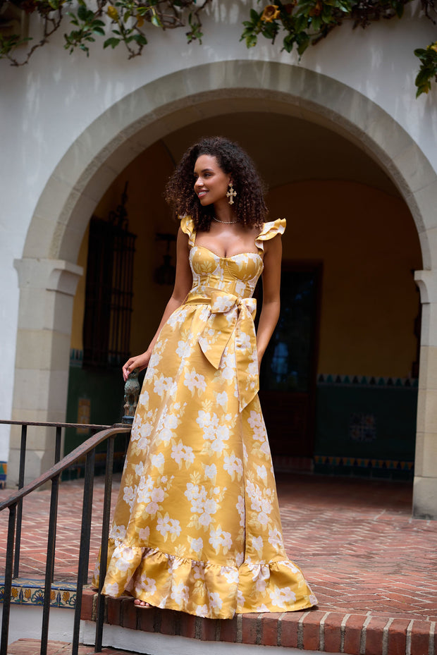 The Veronica Dress in Gold Baroque Floral