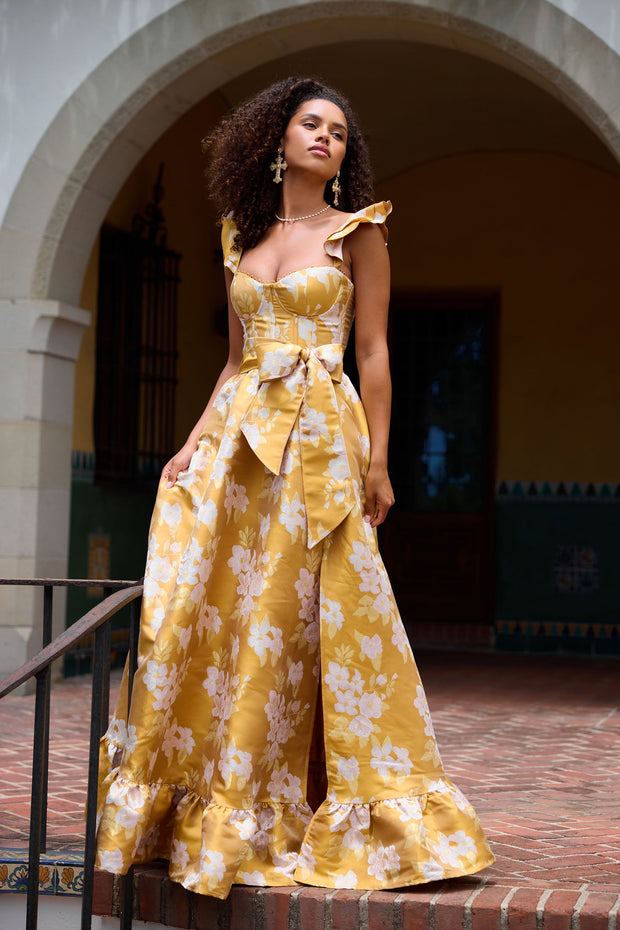 The Veronica Dress in Gold Baroque Floral