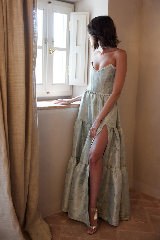 The Vivian Dress in Sage Windsor Brocade