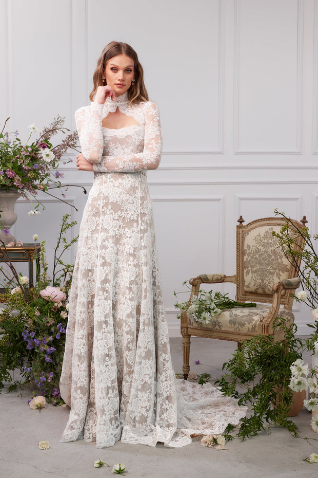 The Whitby Gown in White Chantilly Lace